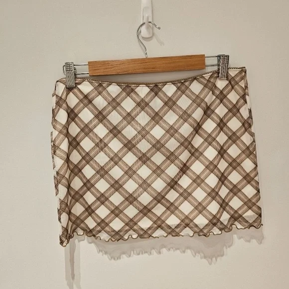 H&M Mesh Mini Skirt M Cream Brown Checked - Picture 4 of 7